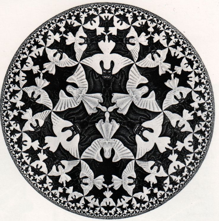 M.C. Escher's Tessalation:  “Circle Limit IV”  (Woodcut, 1960)